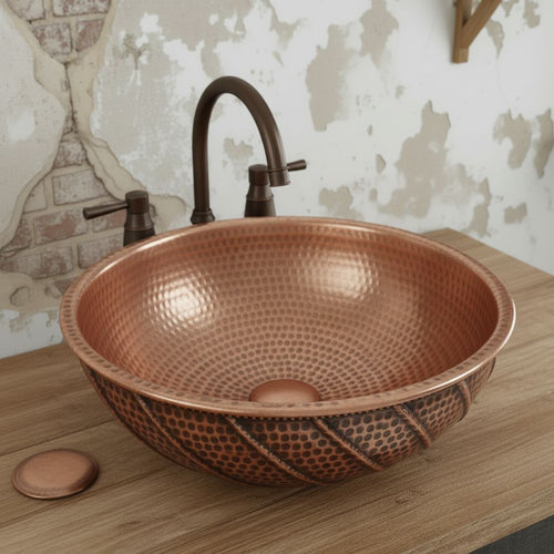 Hand-Finished Copper Vessel Sink – Rustic Farmhouse Bathroom Basin, Round Vanity Bowl