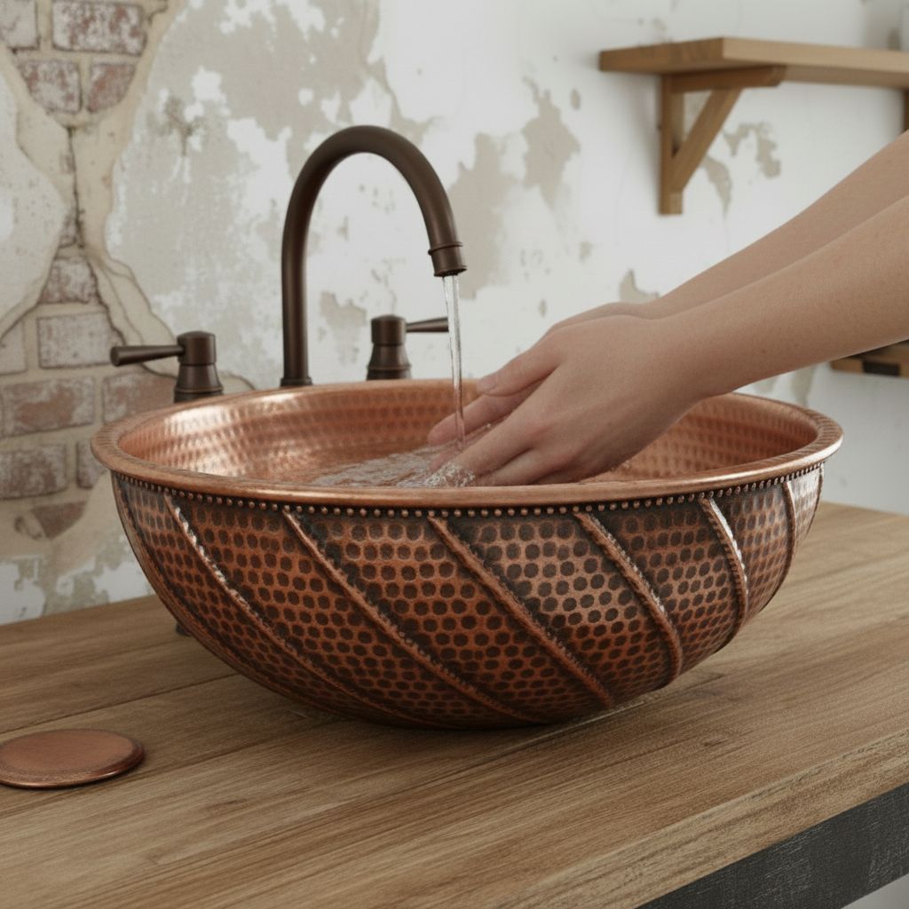 Hand-Finished Copper Vessel Sink – Rustic Farmhouse Bathroom Basin, Round Vanity Bowl