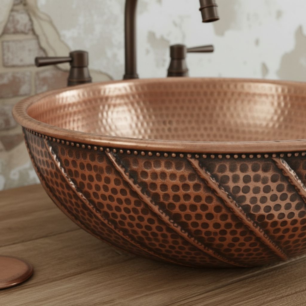 Hand-Finished Copper Vessel Sink – Rustic Farmhouse Bathroom Basin, Round Vanity Bowl