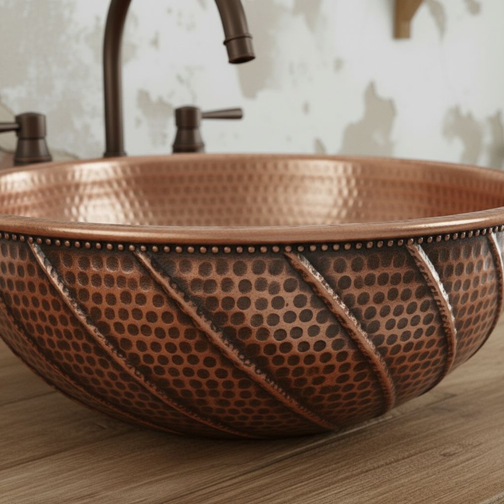 Hand-Finished Copper Vessel Sink – Rustic Farmhouse Bathroom Basin, Round Vanity Bowl