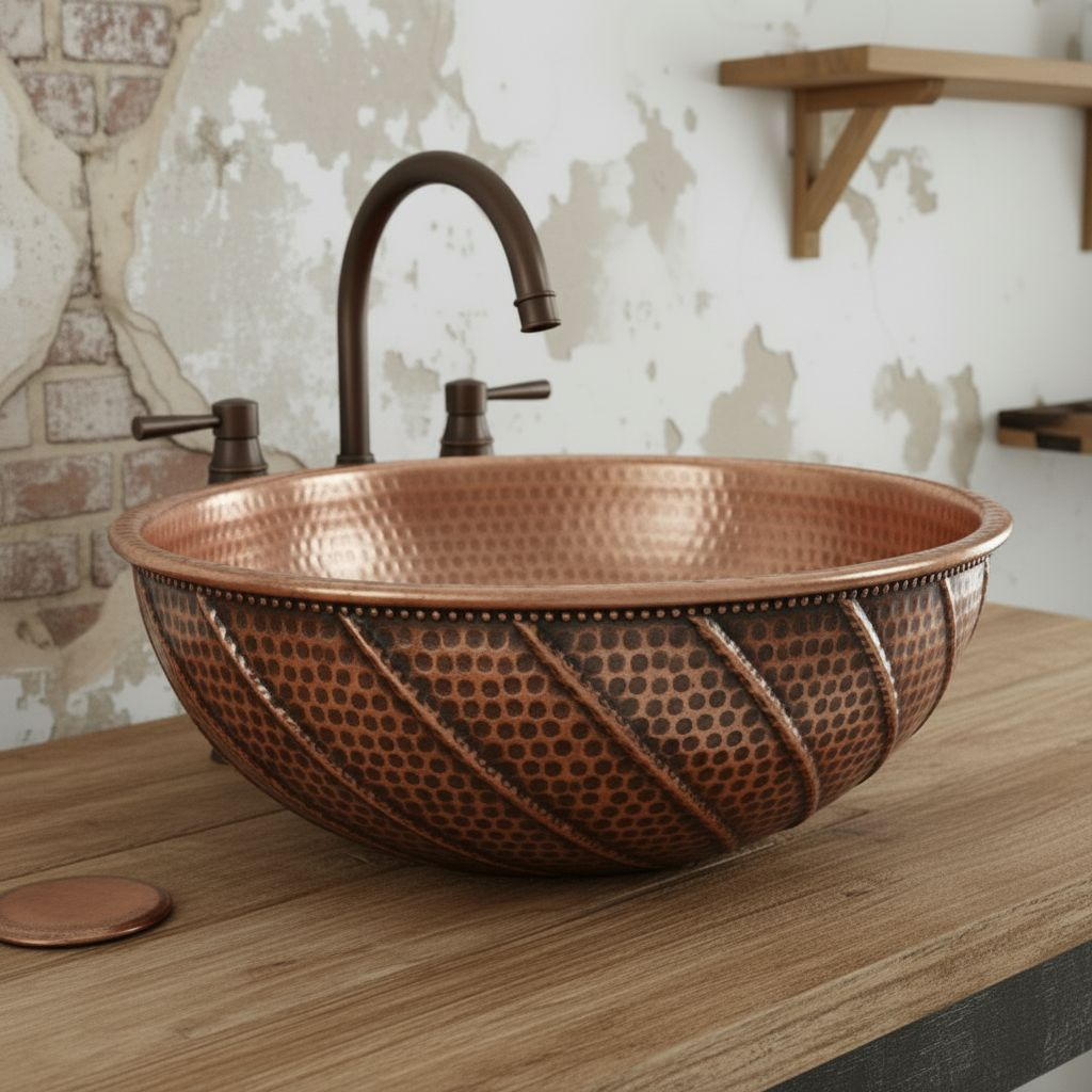 Hand-Finished Copper Vessel Sink – Rustic Farmhouse Bathroom Basin, Round Vanity Bowl